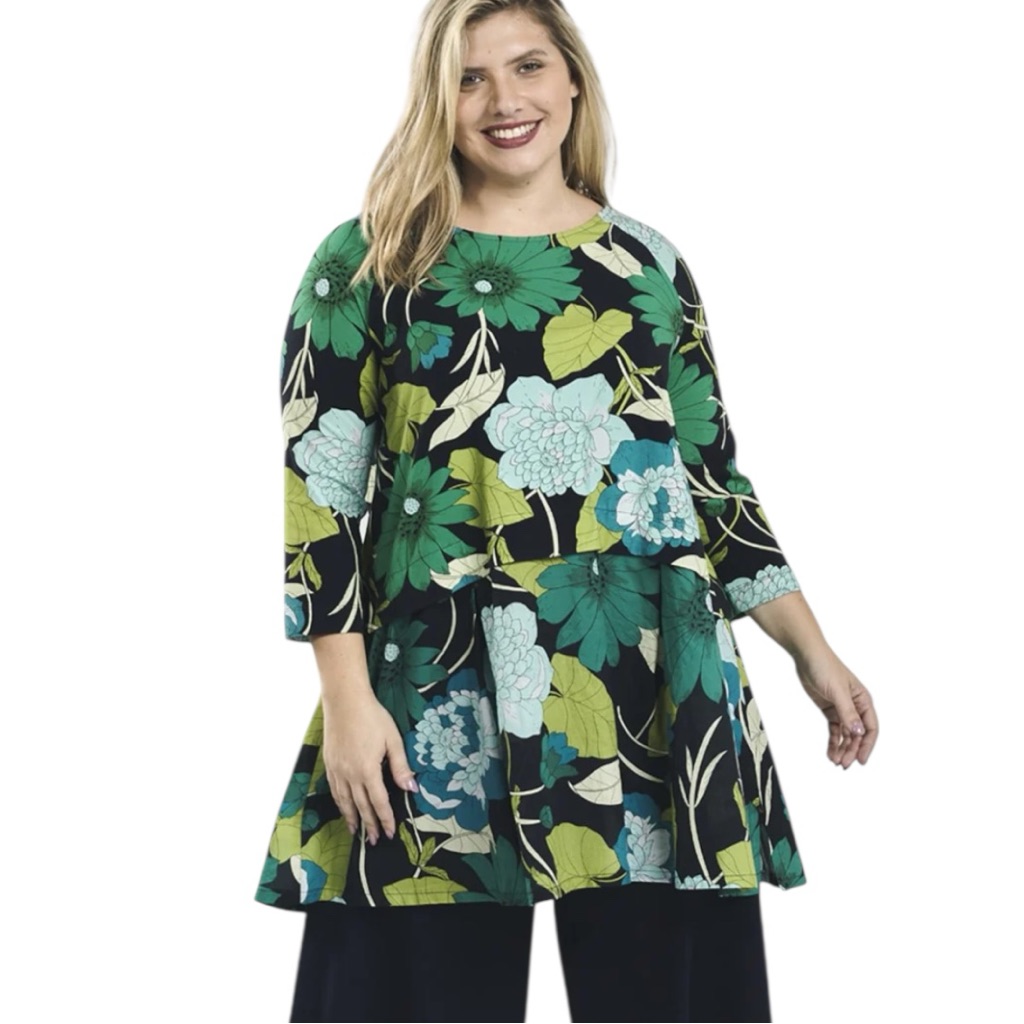 Alembika Floral Swing Tunic Top Nwt Size 1 (Us 6-8) Green Black Layered Hem
